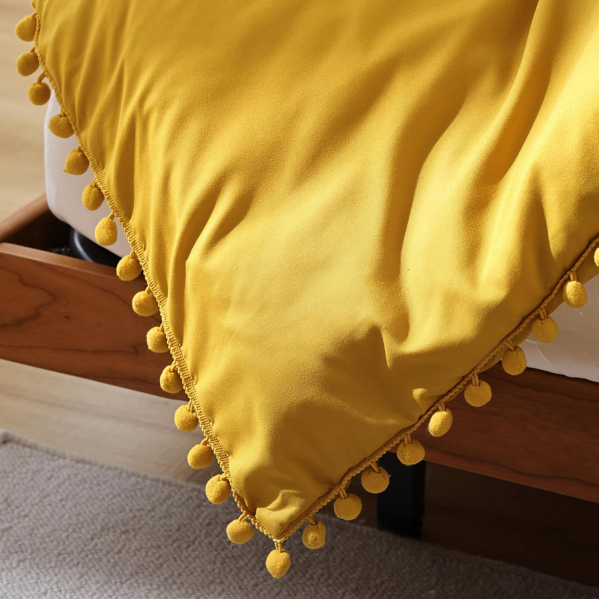 Queen Comforter Set, Mustard Yellow Ball Pom Fringe Bedding 3 Pcs