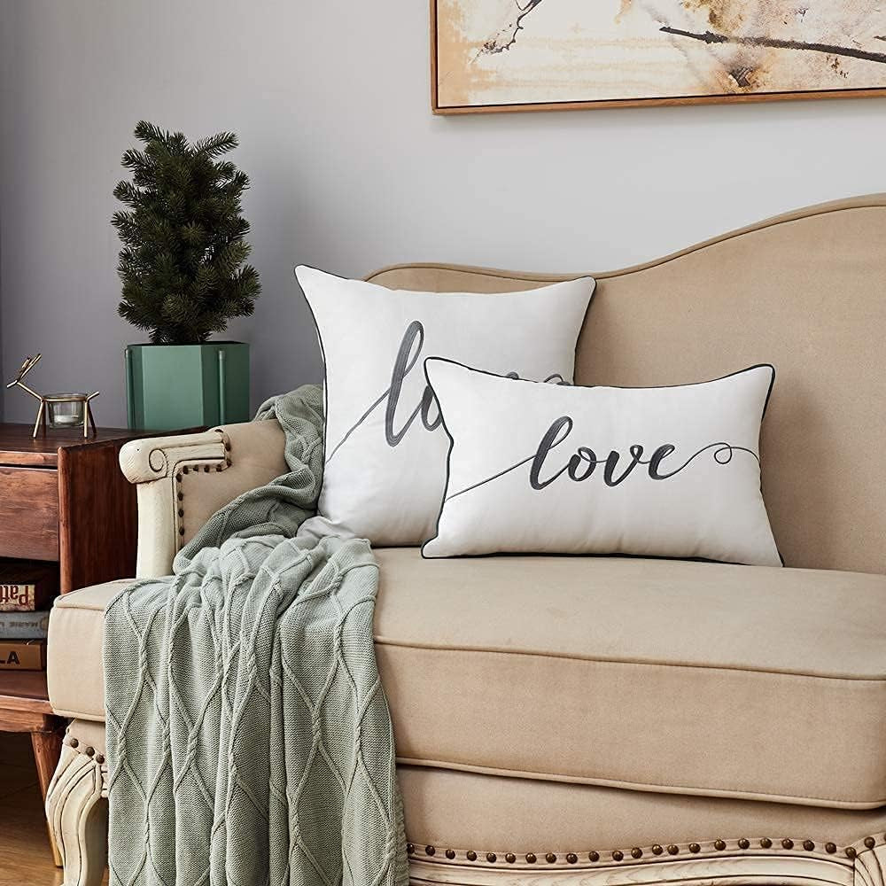 Decorative Throw Pillow Covers 12X20 Inches, Embroidery Love Soft Cotton Lumbar Pillow Case, Gray Rectangular Cushion Cover for Bed, Bedroom, Pack of 1.