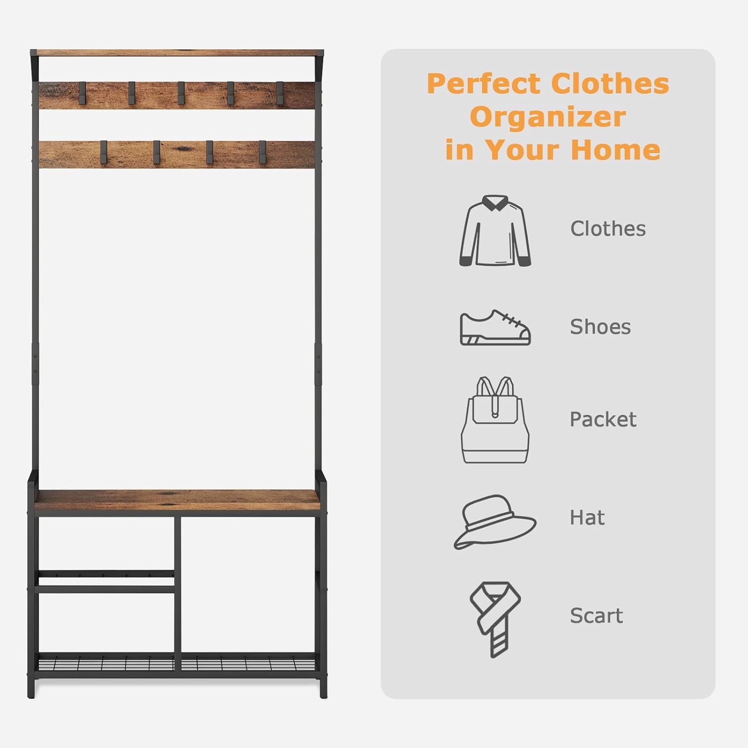 Coat Rack Shoe Bench, Hall Tree Entryway Storage Bench, Wood Look Accent Furniture with Metal Frame, 3-In-1 Design (Rustic Brown)