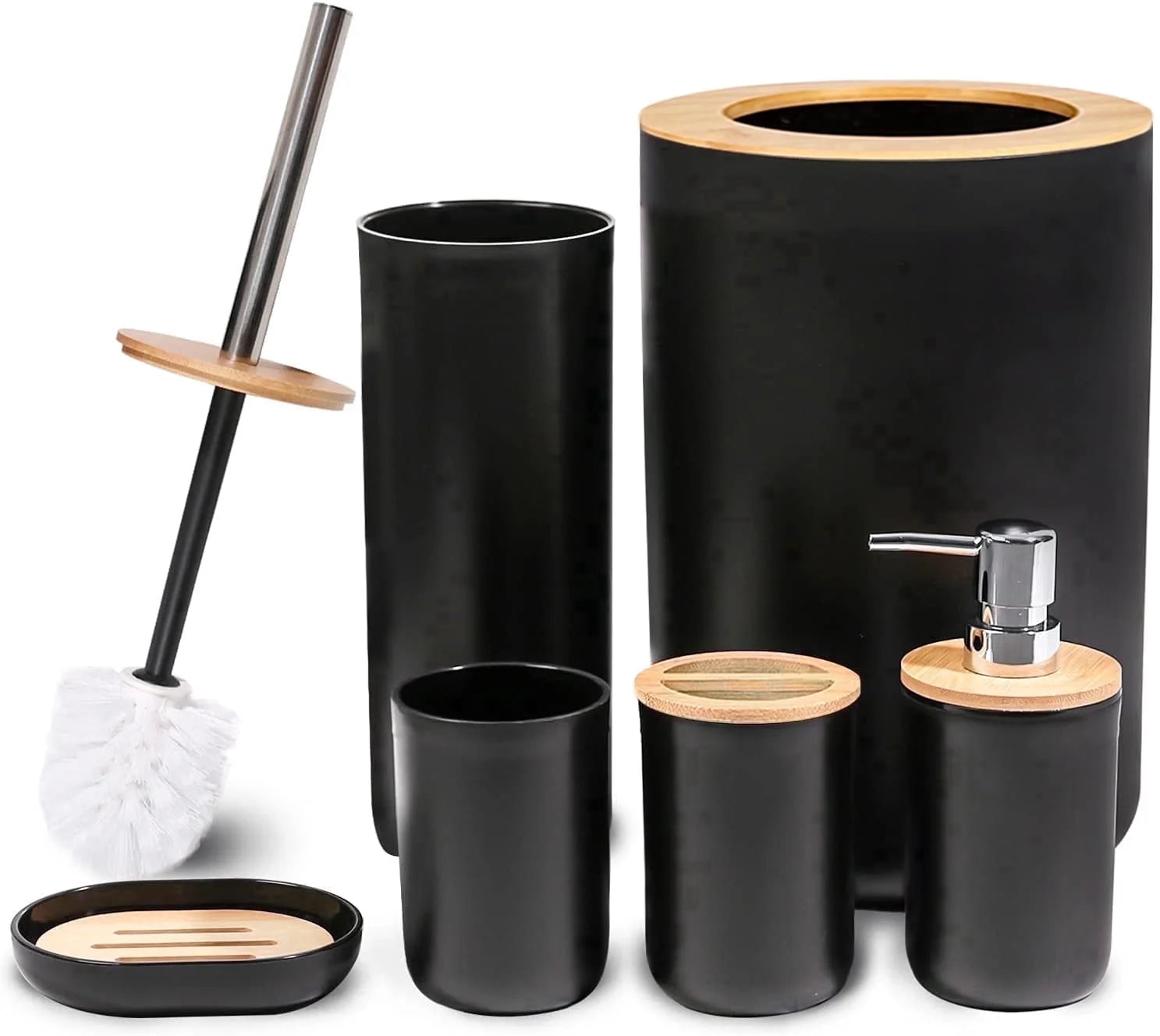 Bathroom Soap Toothbrush Holder Dish Set, Elegant 6-Piece Bamboo & Plastic Accessories, Black