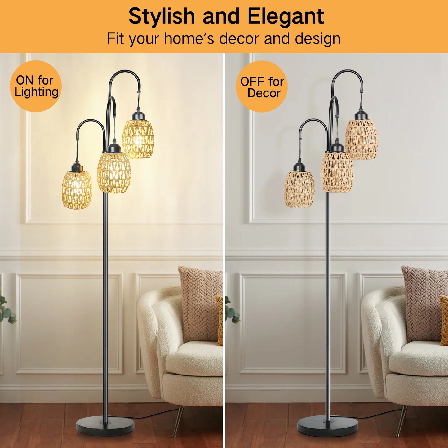 69'' Tree Floor Lamp for Living Room Clearance, 3 Light Dimmable Tall Standing Lamp with Rattan Lampshade, Farmhouse Floor Lamp with 3 LED Bulbs for Bedroom Office, Boho