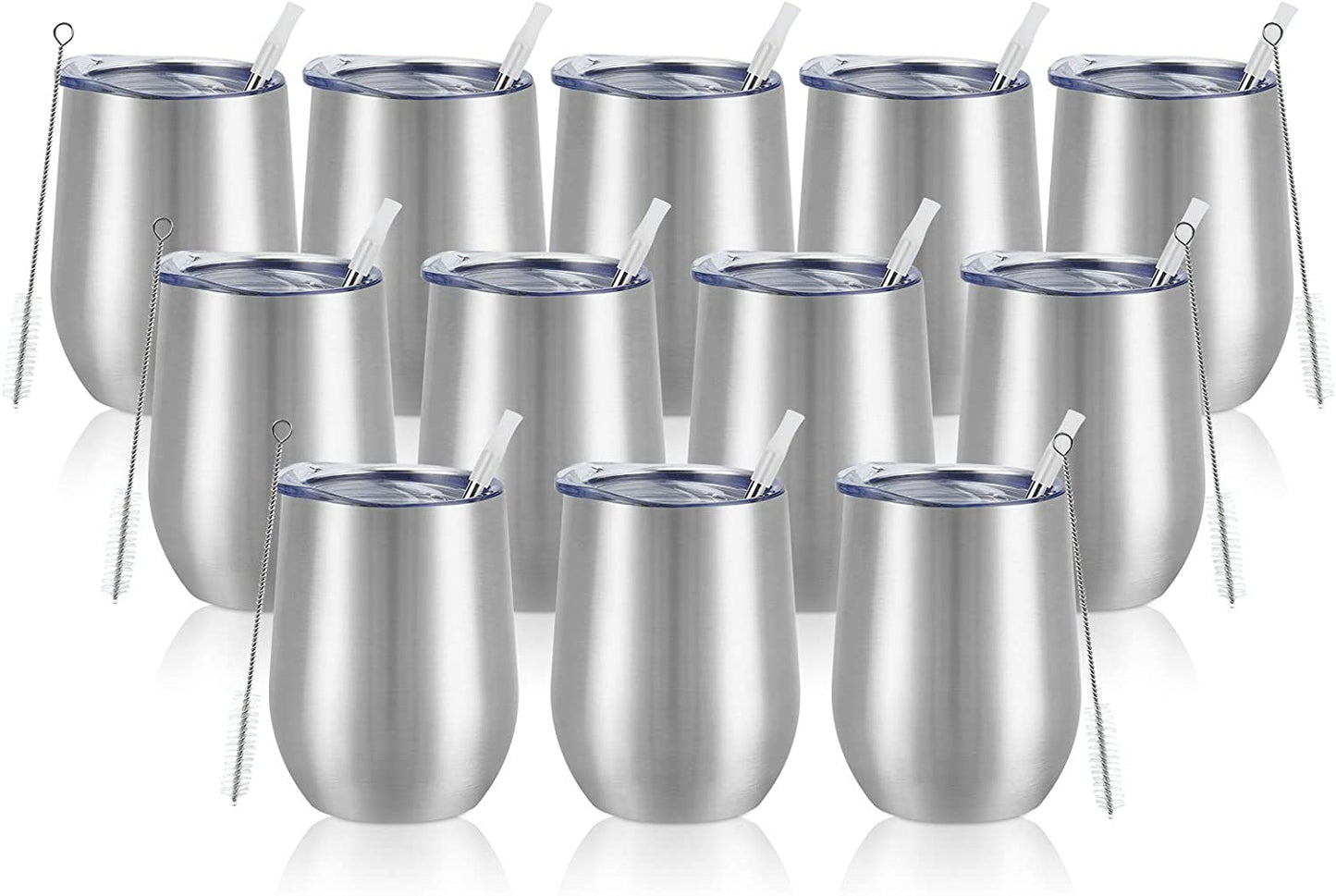 12 Pack Stainless Steel Wine Tumblers, 12Oz Double Wall Vacuum Insulated Wine Tumblers with Lids and Straws, Stainless Steel Stemless Wine Glasses for Coffee, Wine, Cocktails, Champaign, Silver