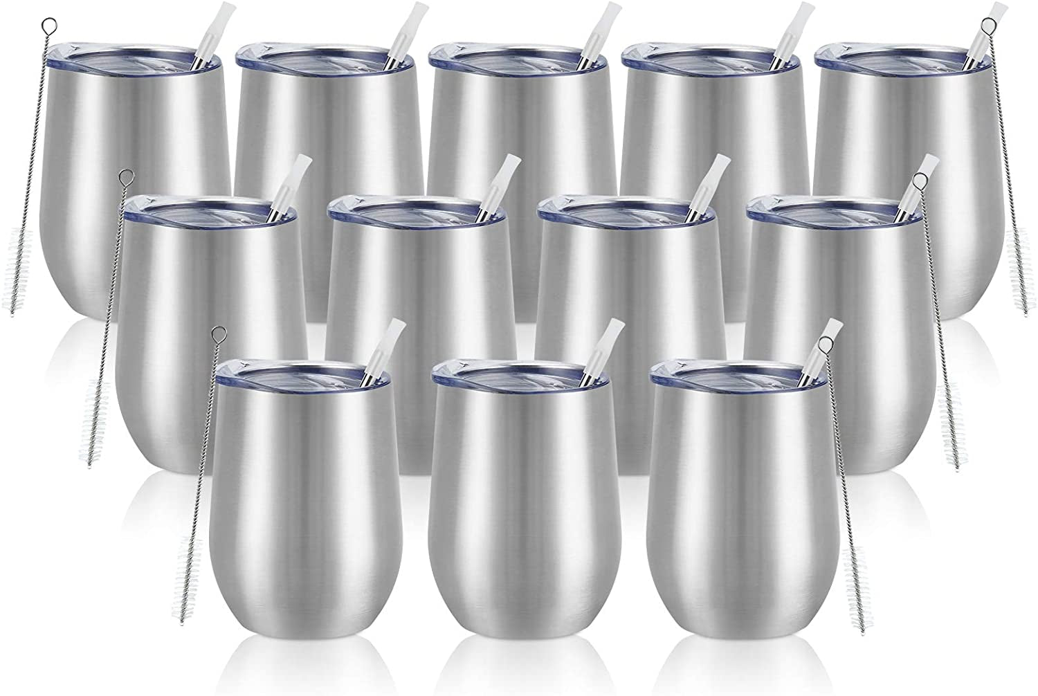 12 Pack Stainless Steel Wine Tumblers, 12Oz Double Wall Vacuum Insulated Wine Tumblers with Lids and Straws, Stainless Steel Stemless Wine Glasses for Coffee, Wine, Cocktails, Champaign, Silver