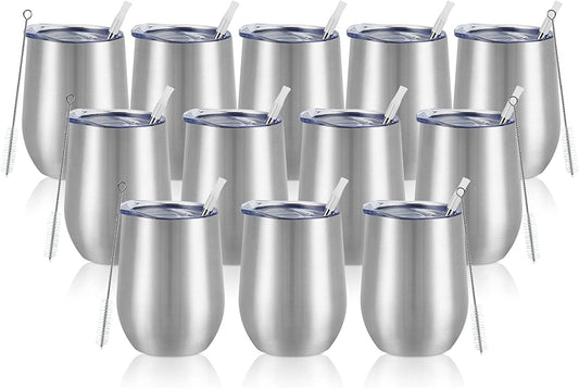 12 Pack Stainless Steel Wine Tumblers, 12Oz Double Wall Vacuum Insulated Wine Tumblers with Lids and Straws, Stainless Steel Stemless Wine Glasses for Coffee, Wine, Cocktails, Champaign, Silver