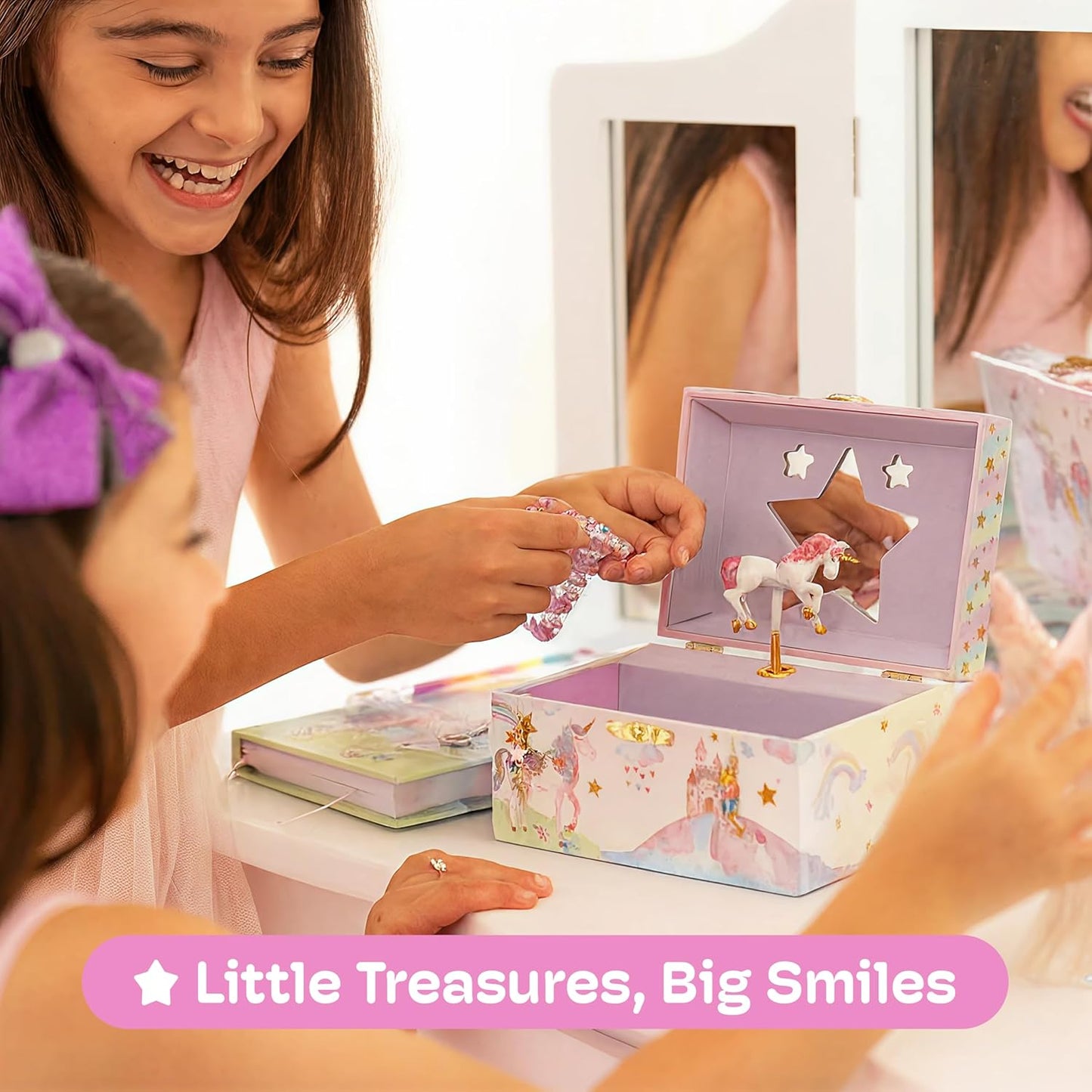 Musical Jewelry Box for Girls with Spinning Unicorn, Glitter Rainbow and Stars Design Music Box for Necklace, Earrings, and Accessories, Plays the Beautiful Dreamer Tune