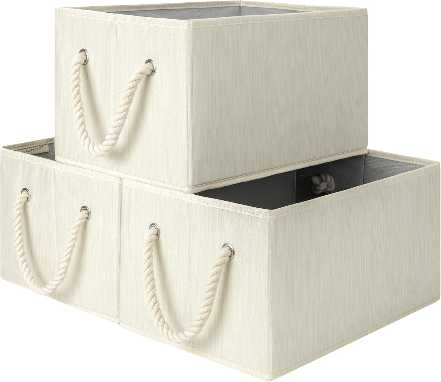 Storage Baskets for Shelves, Foldable Fabric Closet Storage Bins with Handles, Fabric Storage Bins Clothes Organizer, Beige, White & Ivory, 3-Pack, Large