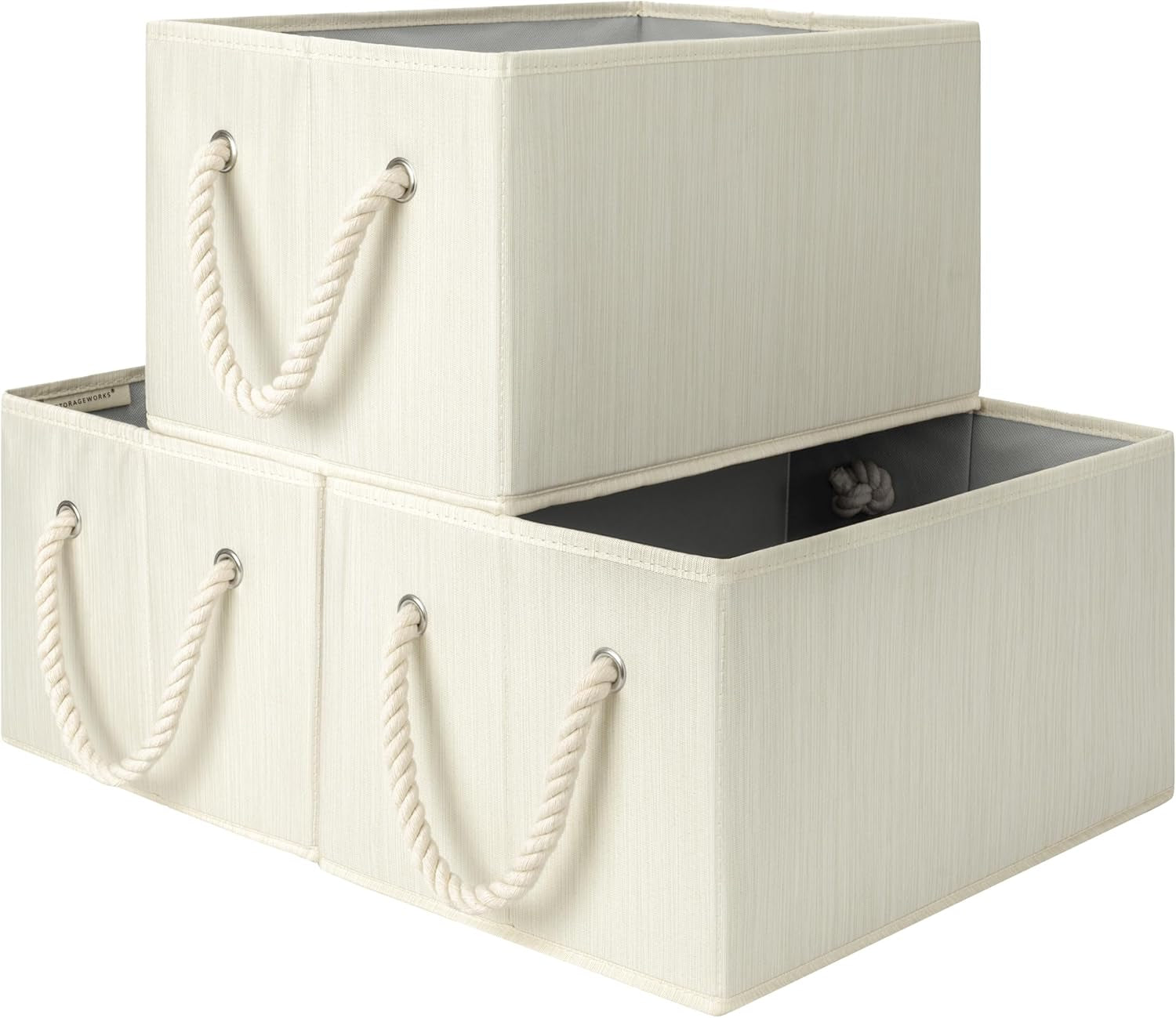 Storage Baskets for Shelves, Foldable Fabric Closet Storage Bins with Handles, Fabric Storage Bins Clothes Organizer, Beige, White & Ivory, 3-Pack, Large
