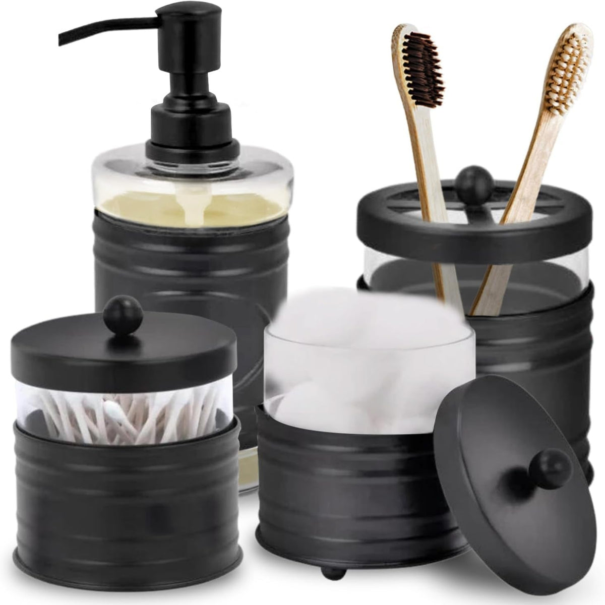 Farmhouse Matte Black Bathroom Accessories Set (4 PCS) - Lotion Soap Dispenser, Black Toothbrush Holder Set, 2 Glass Apothecary Jars (Qtip Holder) - Rustic Bathroom Accessories Set