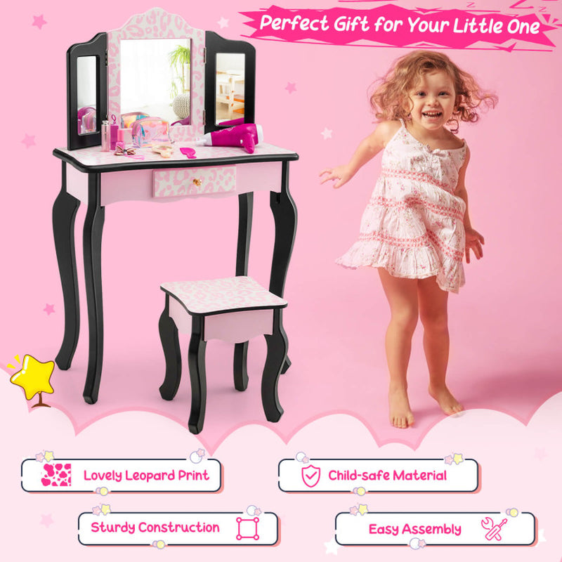 Kid Vanity Set with Tri-Folding Mirror and Leopard Print