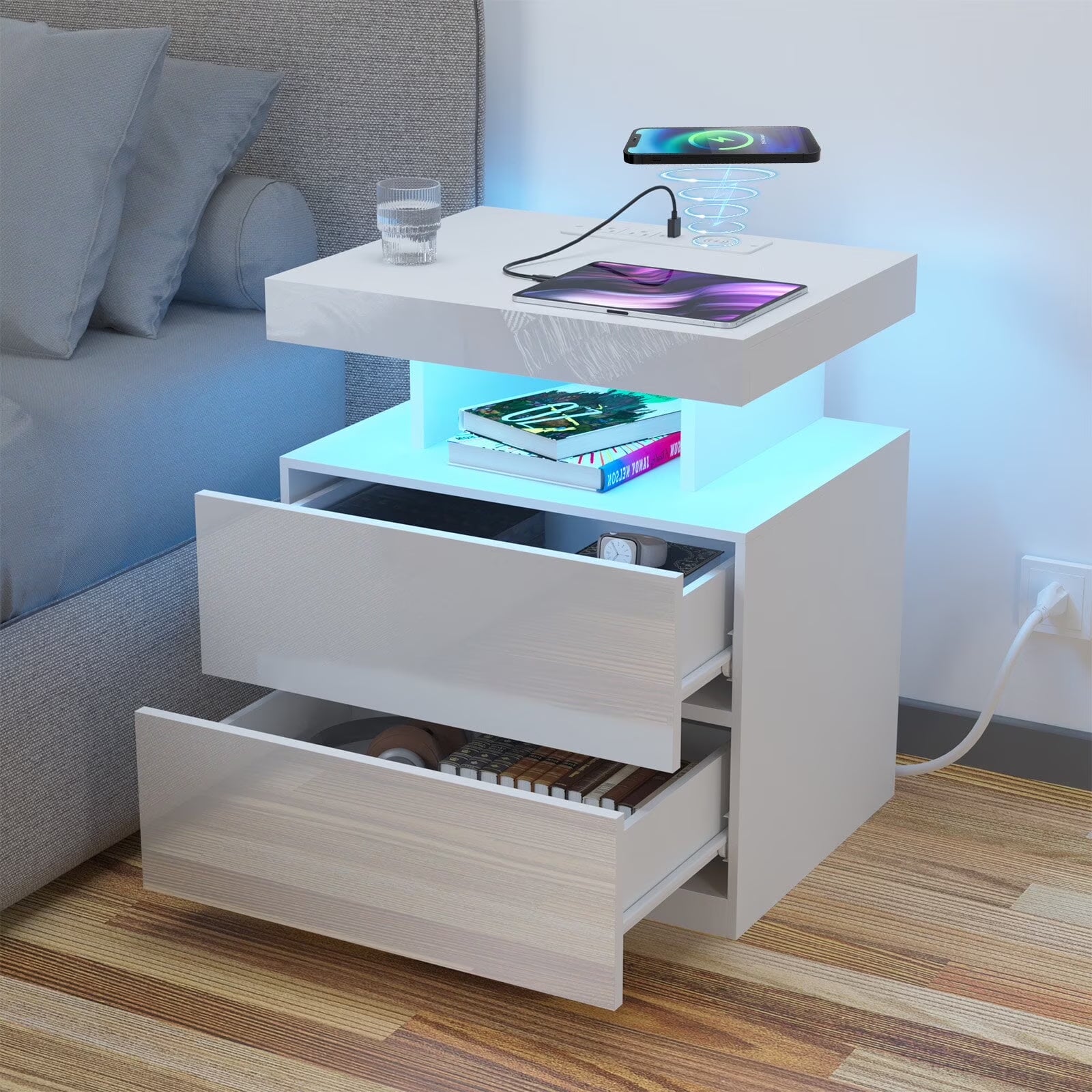 LED Nightstand with Wireless Charging Station Modern Nightstand Type C USB Port 2 Drawers Bedside Table White Smart Night Table High Gloss End Side Table for Bedroom Furniture 22.3" Tall