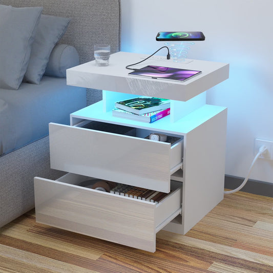 LED Nightstand with Wireless Charging Station Modern Nightstand Type C USB Port 2 Drawers Bedside Table White Smart Night Table High Gloss End Side Table for Bedroom Furniture 22.3" Tall