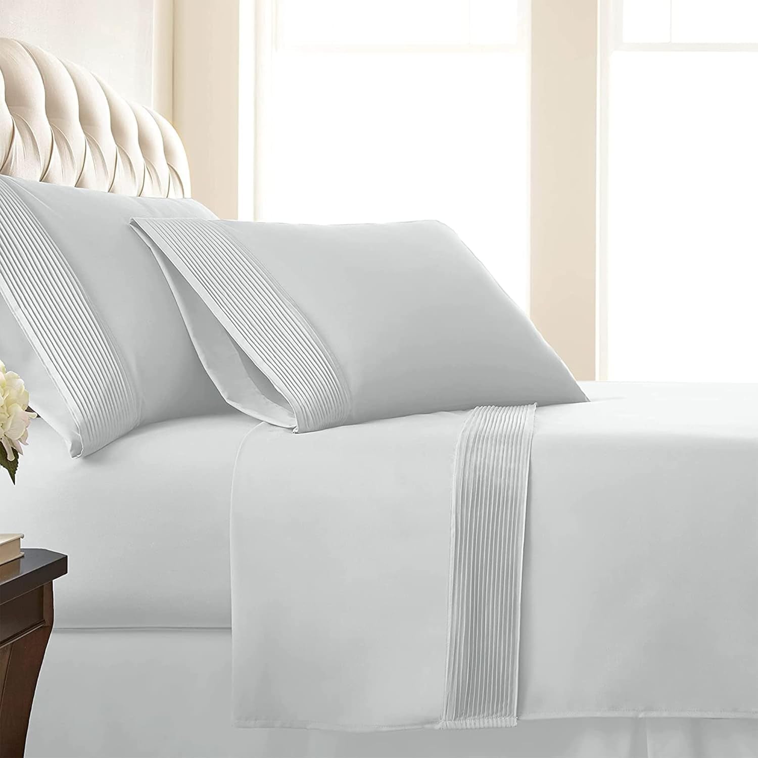 Southshore Fine Living Vilano Pleats, 4-Piece, 21-Inch Extra Deep Pocket Sheet, Queen Sheets with Flat Sheets and Pillowcase, Easy Care and Shrinkage-Free Deep Pocket Sheets, Sheet Set, Bright White