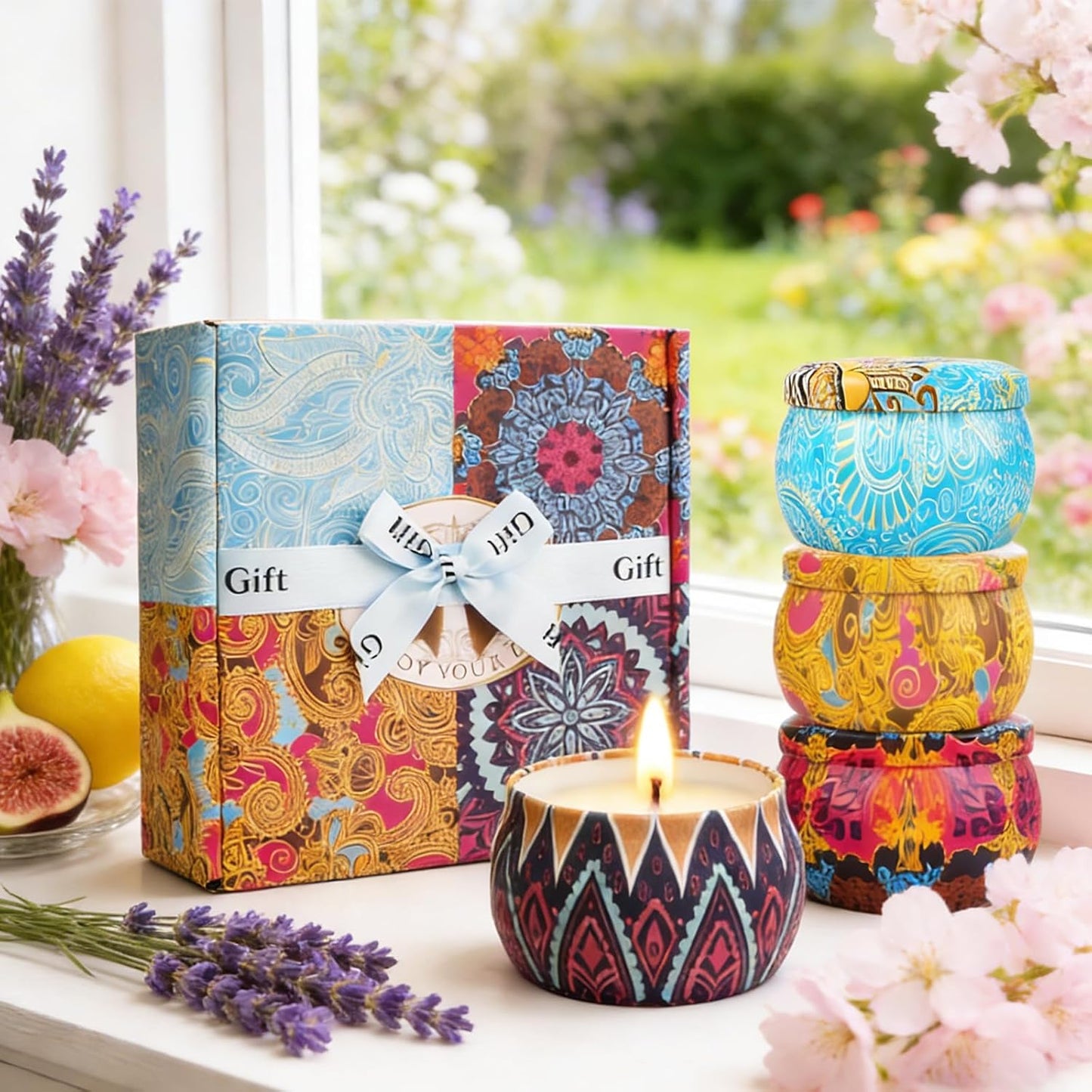 Scented Candles Gift Set for Women, 4 Pack | 120-Hr, Hand-Painted, 100% Natural Soy Wax, Fig/Lemon/Spring/Lavender, Home Décor, Gift-Ready, Clean Burn, Gifts for Women