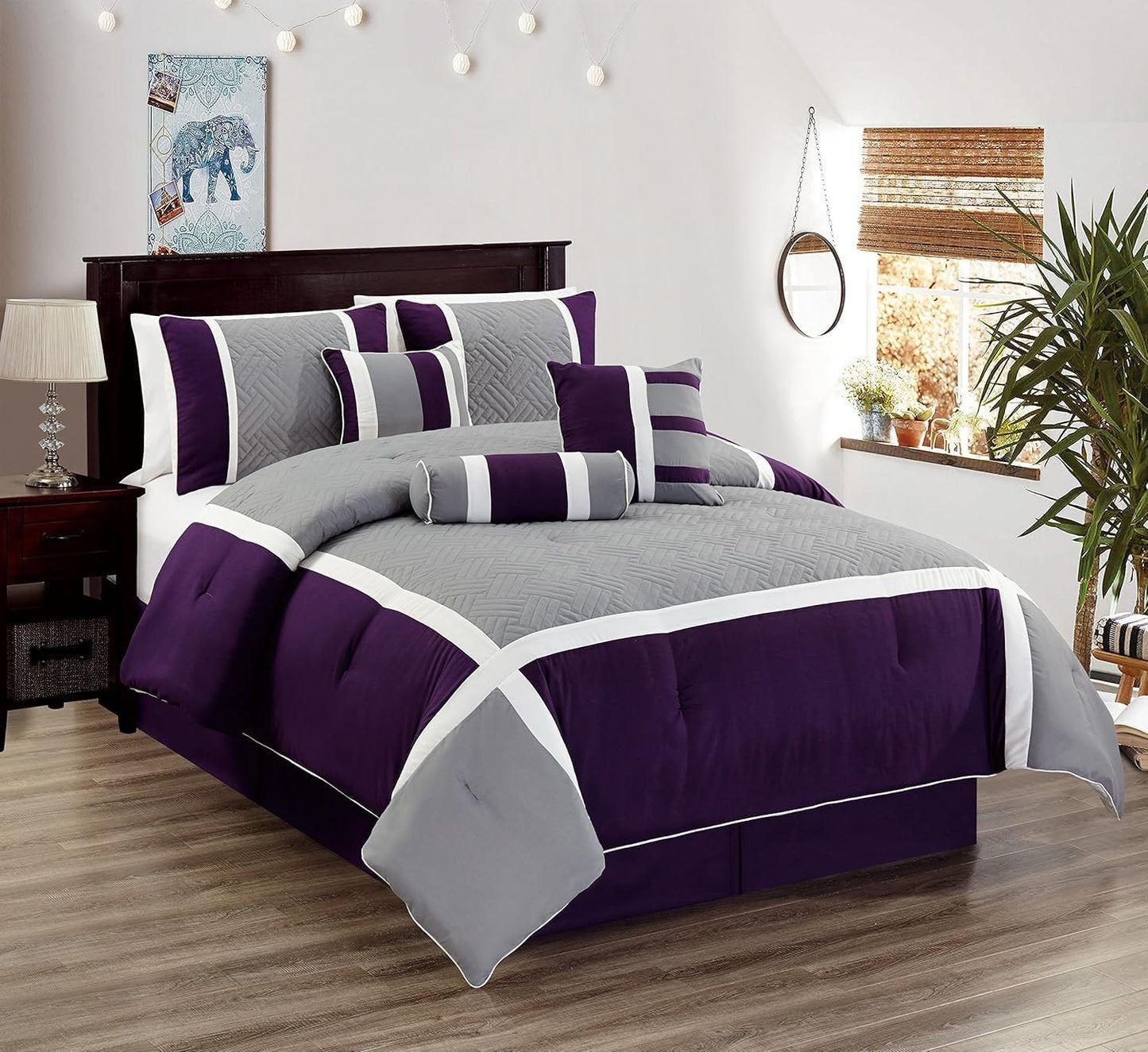 New 7 Piece Embroidered Over-Sized Comforter Set (Queen, Purple/Grey)