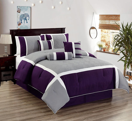 New 7 Piece Embroidered Over-Sized Comforter Set (Queen, Purple/Grey)