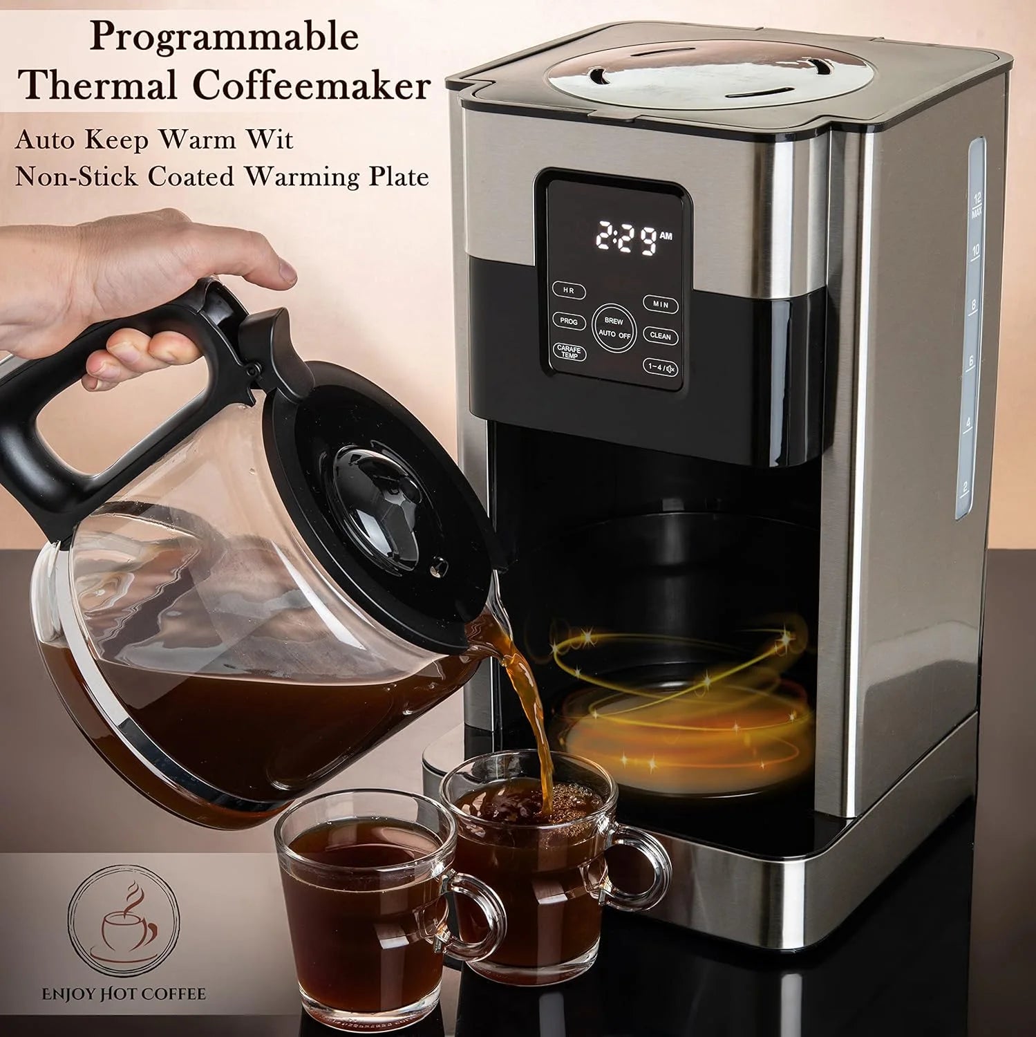 12-Cup Drip Coffee Maker with Lcd Touch Display, Programmable Coffee Pot Machine, Borosilicate Glass Carafe, Anti-Drip System, Stainless Steel & Black Electric Coffee Maker