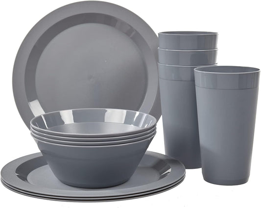 Newport Plastic Plate, Bowl and Tumbler Dinnerware Set for 4 in Grey Stone | 12-Piece Drinking and Dining Set | Reusable, Bpa-Free, Made in the USA, Top-Rack Dishwasher Safe