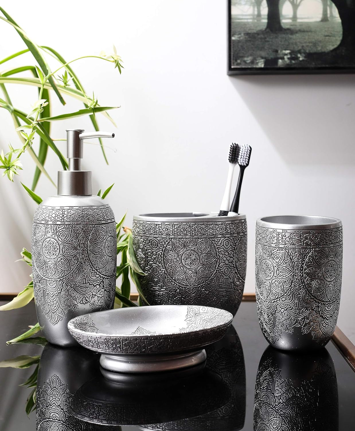 Bathroom Accessories Set,Toothbrush Holder,Farmhouse Bathroom Decor,4 Pcs Resin Gift Set Apartment Necessities, Contain Toothbrush Cup,Soap Dispenser,Soap Dish,Tumbler