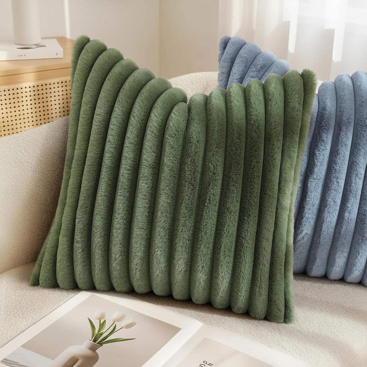 Fall Faux Fur Throw Pillow Covers 18X18 Set of 2 Olive Green
