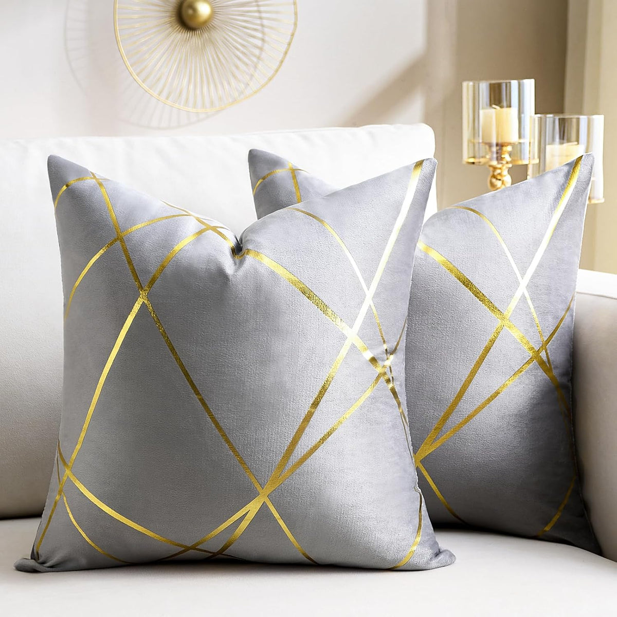 Grey Velvet Decorative Throw Pillow Covers 18X18 Modern Luxury Gold Bronzing Printed Super Soft Decorative Square Cushion Covers for Modern Homes Couch Sofa Bedroom Living Room