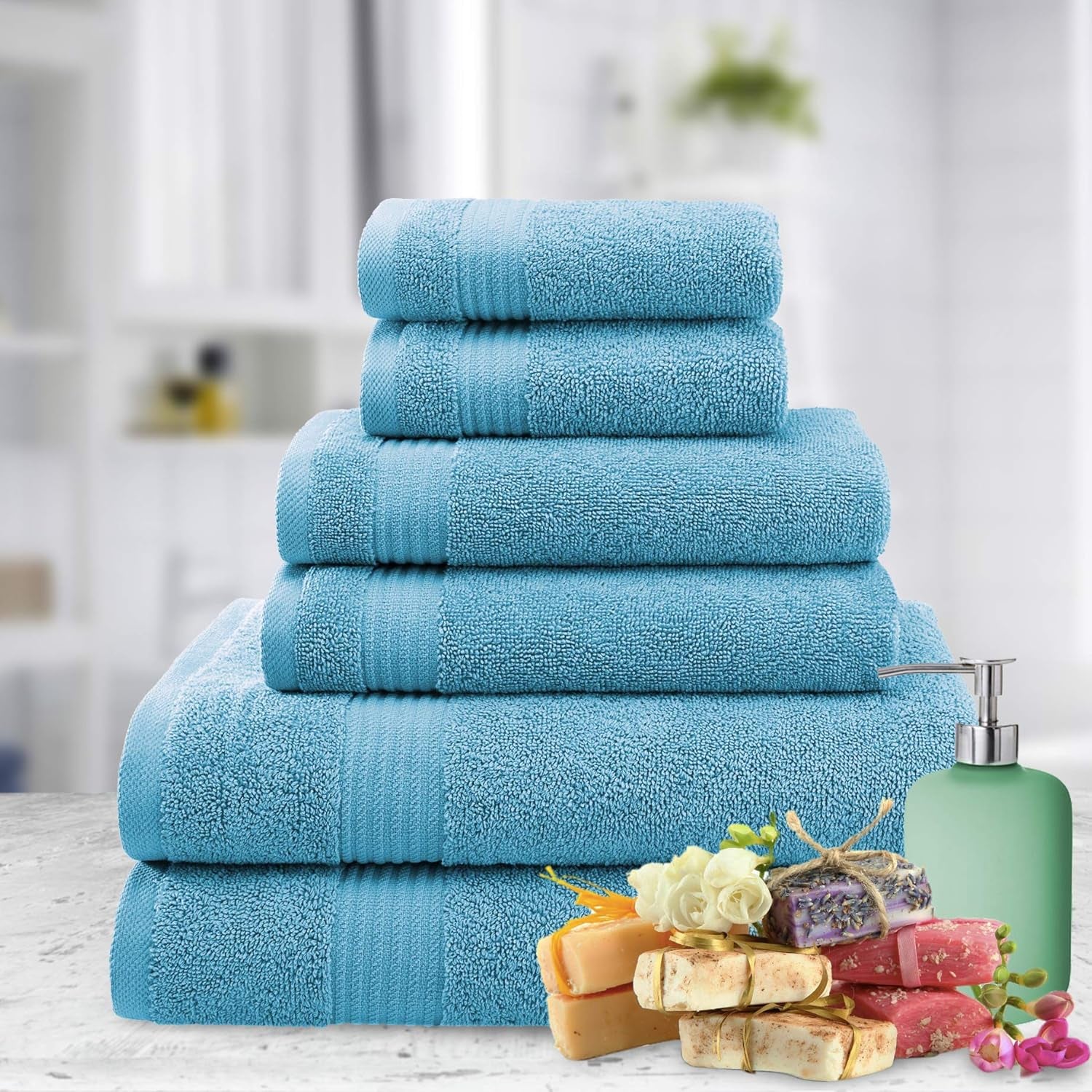 , 6 Piece Towel Set for Bathroom, 100% Cotton Turkish Bathroom Towels, 2 Bath Towels 2 Hand Towels 2 Washcloths, Sky Blue