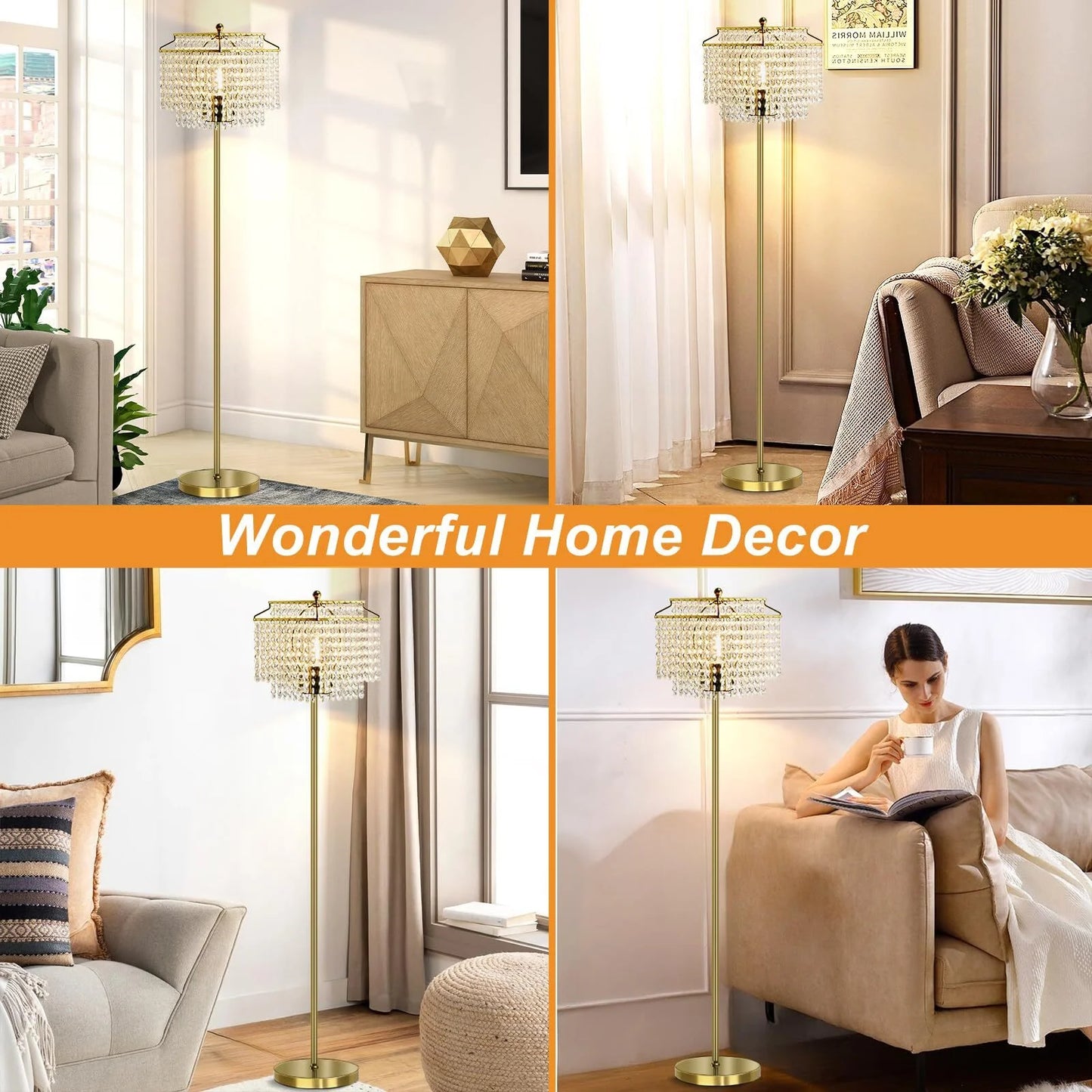 Gold Crystal Floor Lamp , Modern Standing Lamps with Double-Layer Lampshade, On-Off Foot Switch, for Living Room, Bedroom, Office, 8W Bulb Included