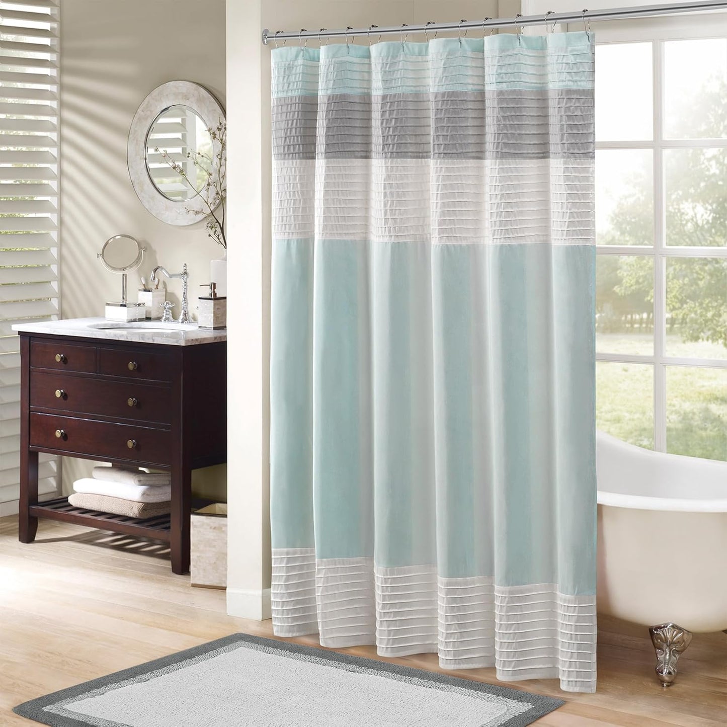 Amherst Bathroom Shower Curtain Faux Silk Pieced Striped Modern Microfiber Bath Curtains, 72X72 Inches, Aqua
