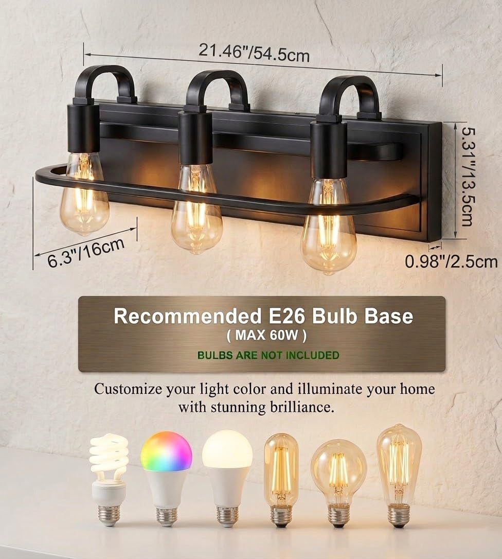 Industrial Vanity Light Fixture, Matte Black Farmhouse Bathroom Wall Sconce Lighting(3-Light)