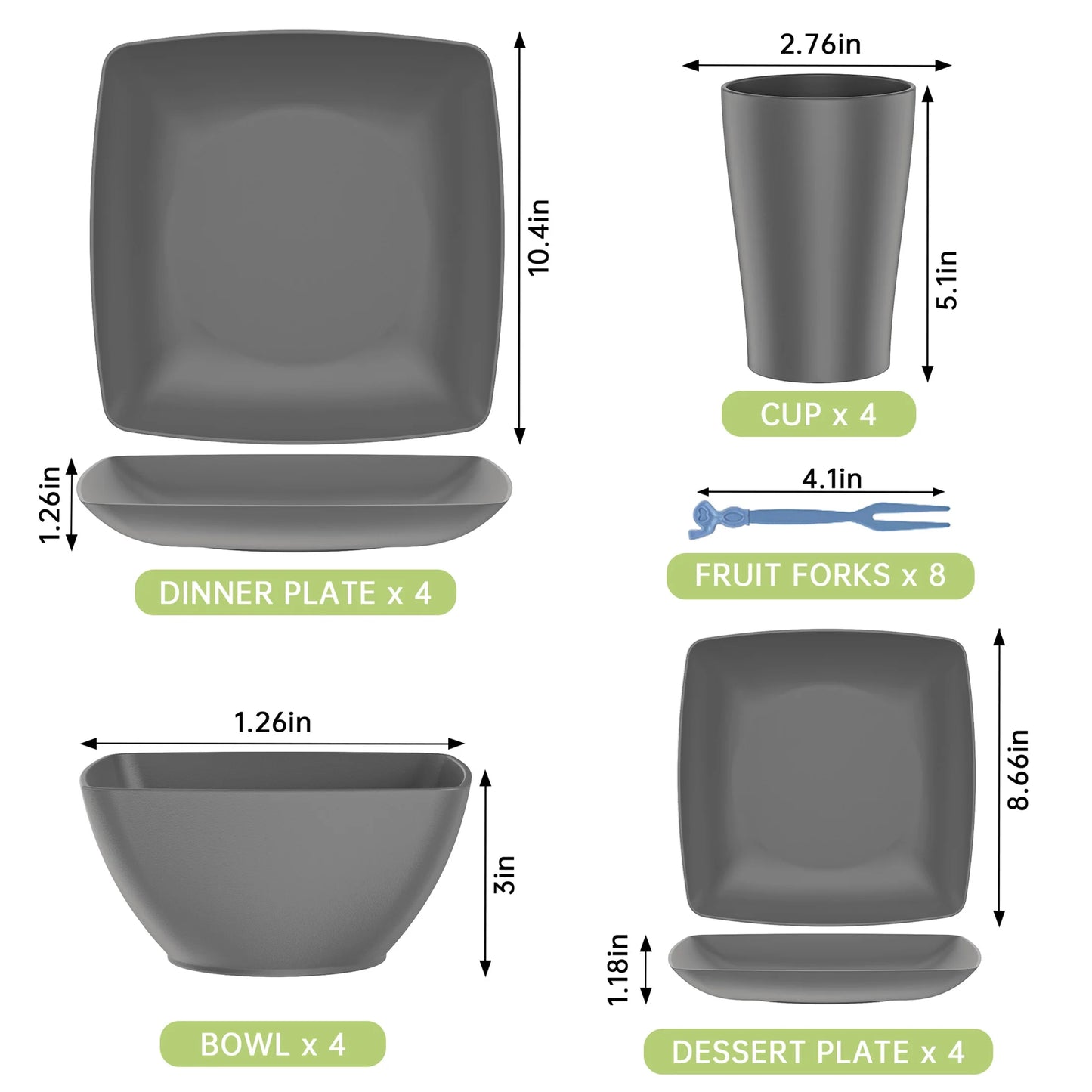 24 Pcs Wheat Straw Square Dinnerware Sets for 4, Unbreakable Dish Sets, Reusable Plates and Bowls Sets, Dinner Plates, Travel Camping Cutlery Set, Dishwasher Microwave Safe, Gray