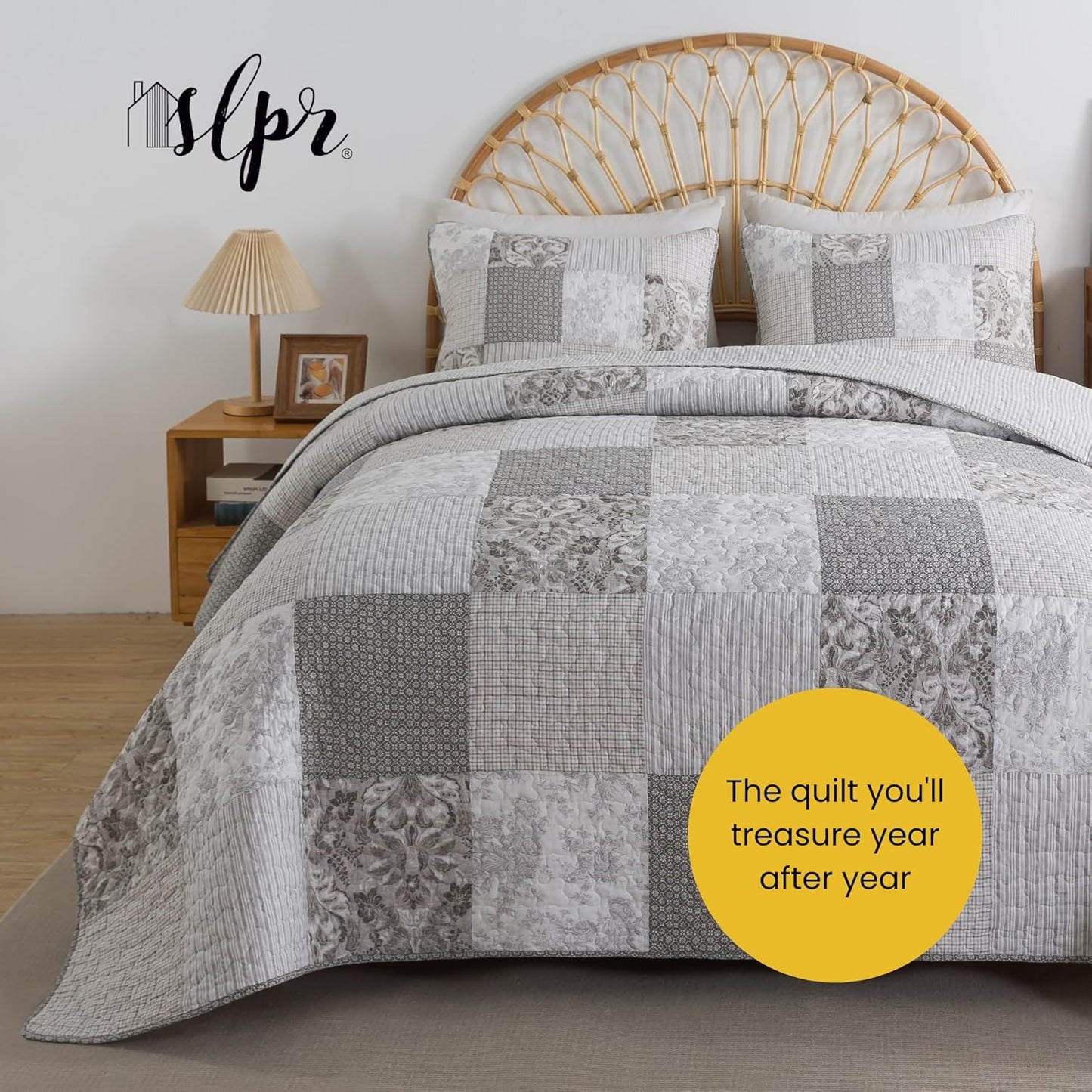Silver Linings Cotton Quilt Set - Queen Size with 2 Shams, Neutral Pieced Patchwork Design, Country Silver Gray Quilted Comforter, Lightweight Summer Farmhouse Bedspread