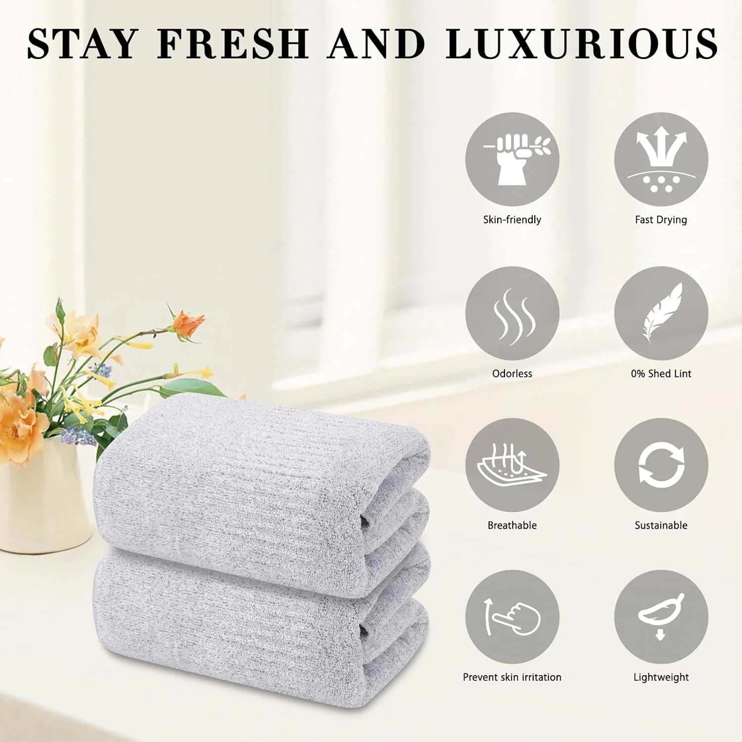 2-Pack 27" X 54" Bath Towels 30% Viscose Made from Bamboo Ultra Soft & Highly Absorbent Solid Premium Bath Towels for Bathroom, Hotels, Spa and Gym, Light Gray