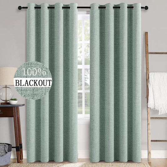 Linen Texture 90 Inches Curtains for Bedroom 100% Blackout Thermal Insulated Seafoam Green Curtains Grommet Room Darkening Drapes for Living Room Nursery 52X90 Inch (2 Panels)