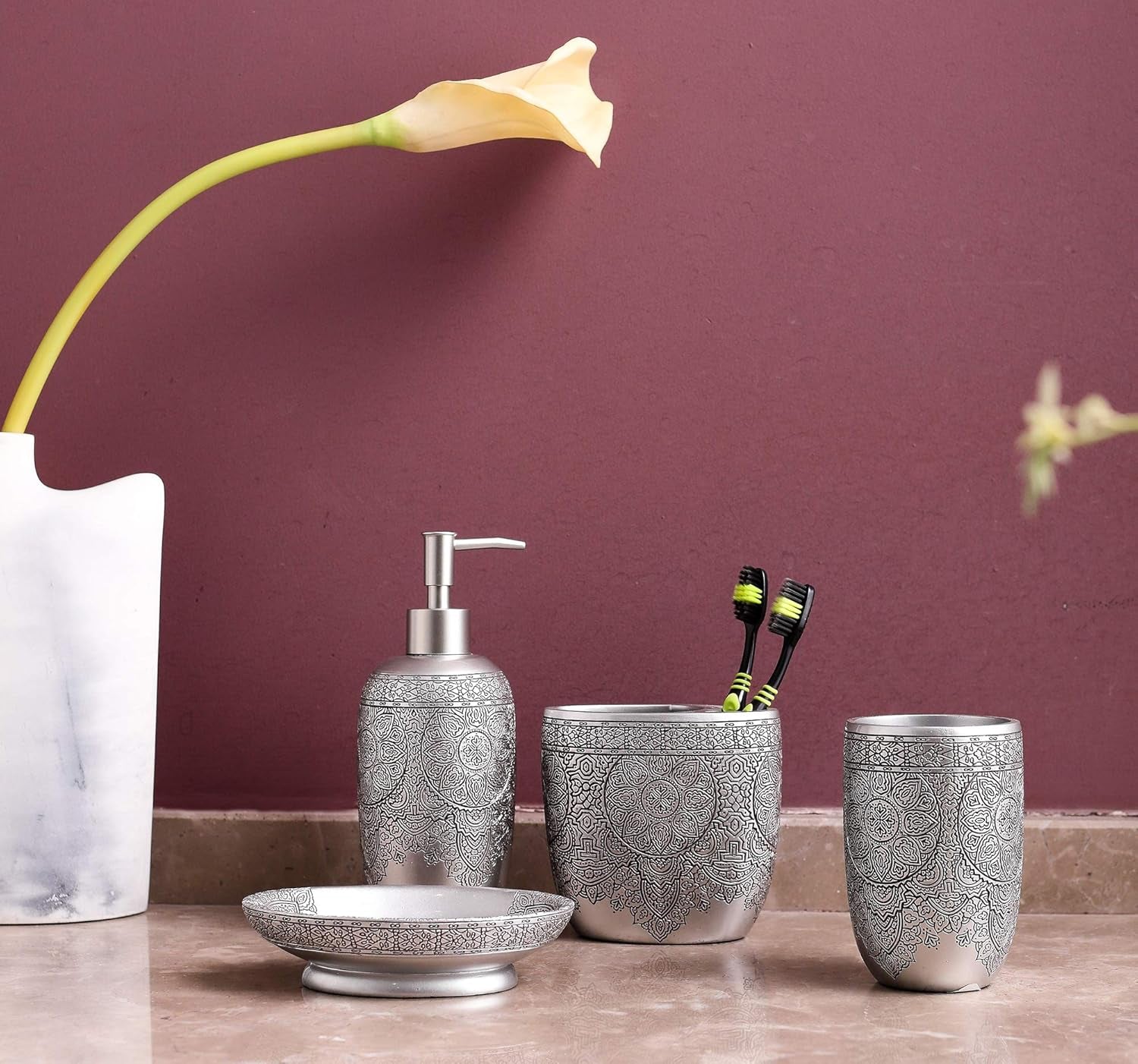 Bathroom Accessories Set,Toothbrush Holder,Farmhouse Bathroom Decor,4 Pcs Resin Gift Set Apartment Necessities, Contain Toothbrush Cup,Soap Dispenser,Soap Dish,Tumbler