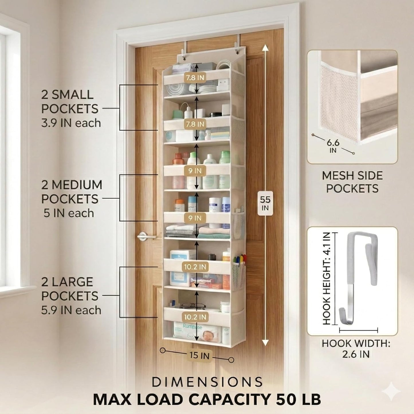 Over the Door Organizer, 6-Tier, 100D Fabric, Ivory 1Pc | over the Door Shoe Organizer, 50 Lbs Capacity, 12 Side Mesh Pockets, 100D Extra Thick Fabric, Closet & Entryway Storage