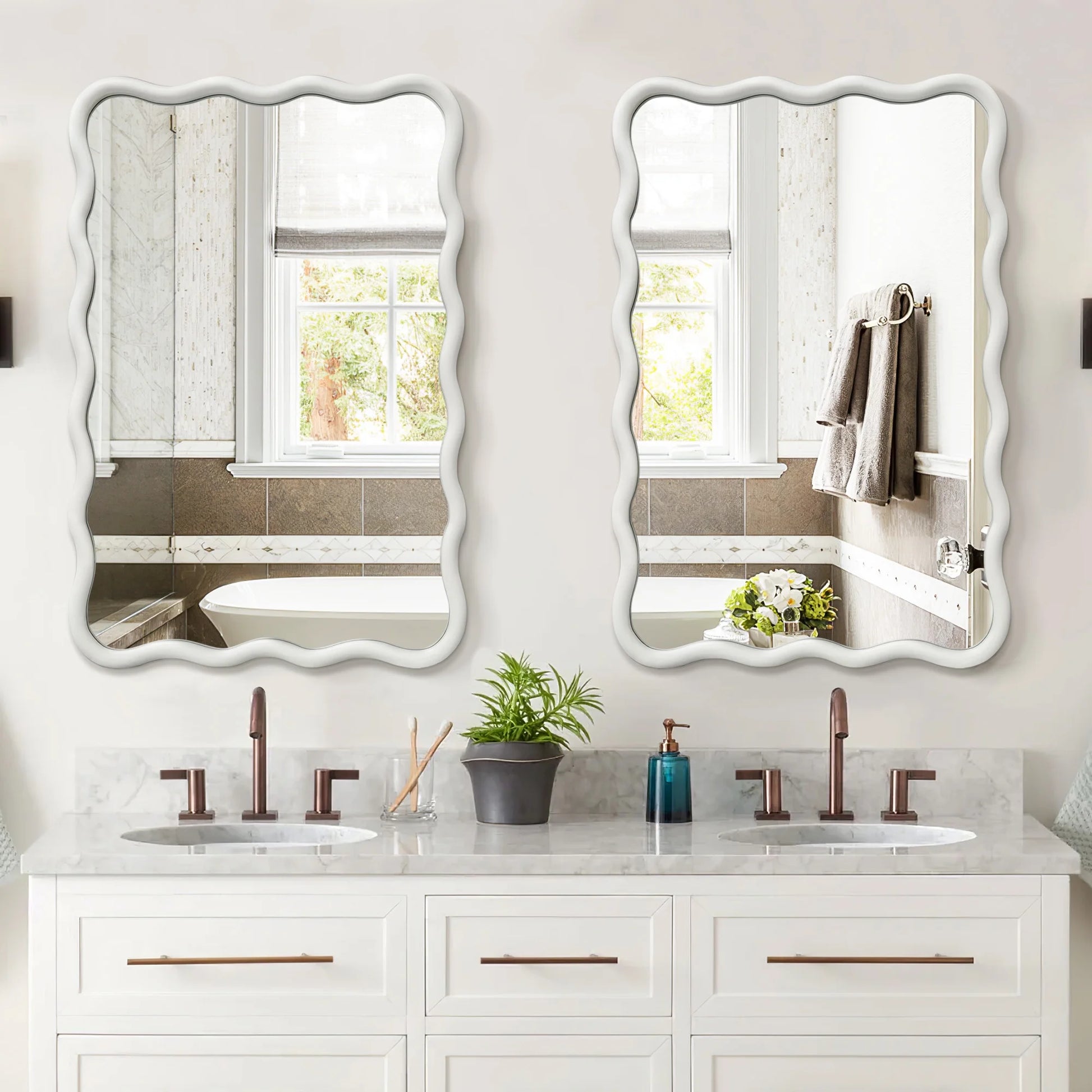 Wavy Mirrors Wall Mirror, 30"X20" Bathroom Mirror Wood Framed, White