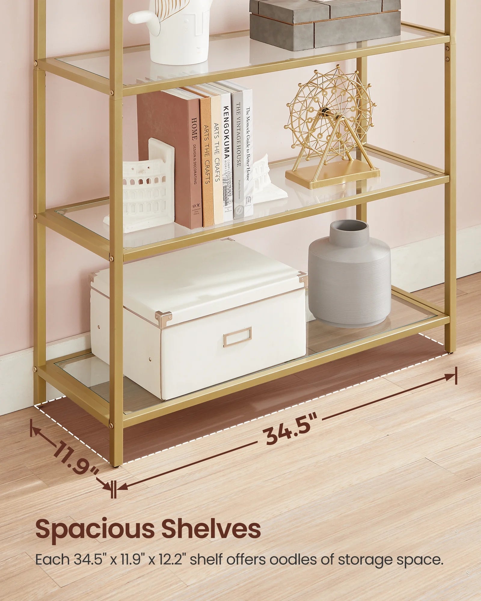 5-Tier Gold Bookshelf Display Storage Shelf Modern Bookcase with Metal Frame for Bedroom Living Room Golden