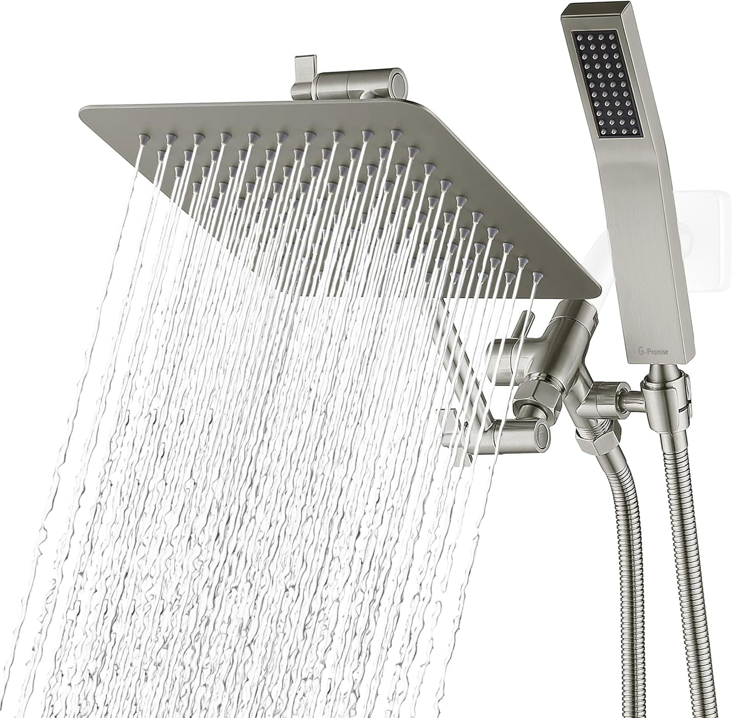 All Metal 8 Inch Dual Square Shower Head with Handheld Spray Combo, Rain Shower Head, Adjustable Extension Arm, 3-Way Diverter, 71 Inch Extra Long Hose - a Bathroom Upgrade (Brushed Nickel)