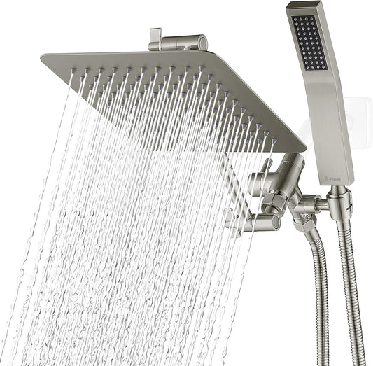 All Metal 8 Inch Dual Square Shower Head with Handheld Spray Combo, Rain Shower Head, Adjustable Extension Arm, 3-Way Diverter, 71 Inch Extra Long Hose - a Bathroom Upgrade (Brushed Nickel)