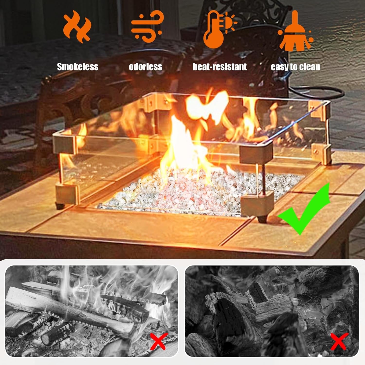 Fire Glass for Gas Fireplace 10 Pounds Fire Glass for Fireplace Fire Pit Glass Rock 1/2 Inch Clear Reflective Tempered Safe for Outdoors and Indoors Propane Fire Pit Table, Clear White