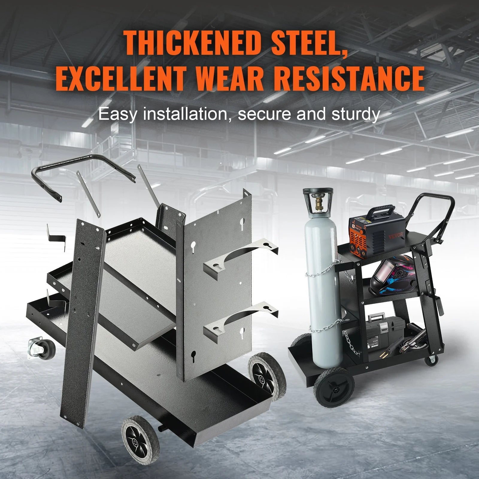 VEVOR Welding Cart, 3-Tier Welder Cart Heavy Duty with 400 Lbs Weight Capacity, 360¡Ã Swivel Wheels, Tank Storage Safety Chains, Rolling MIG Welder Cart for TIG, ARC, MMA, Plasma Cutter Welding Machine