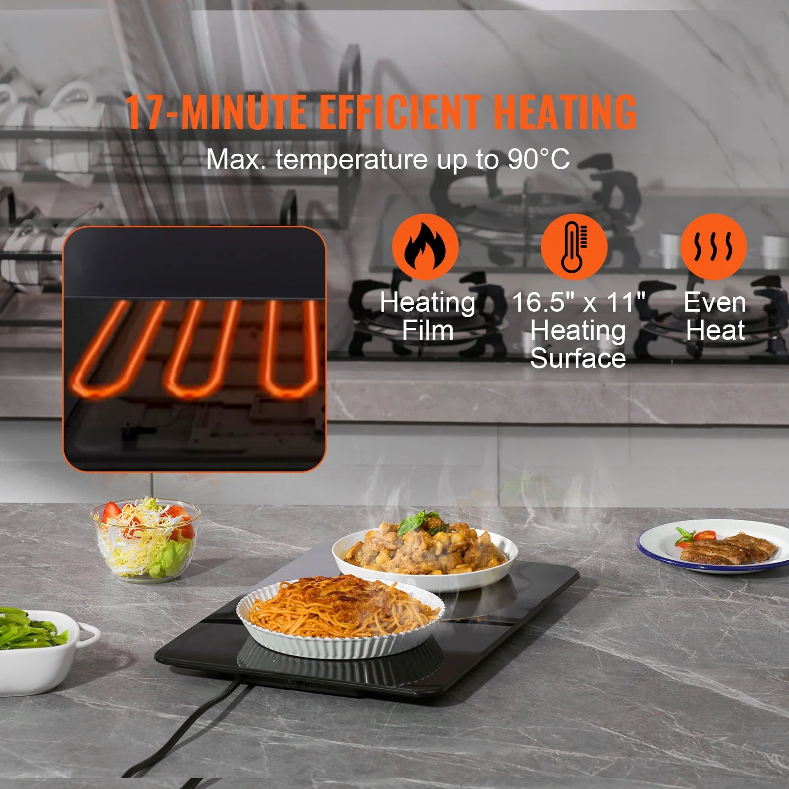 The Electric Warming Tray Is Equipped with a Knob to Adjust the Temperature for Long-Lasting and Continuous Heat Preservation. 23.6" X 16.5" Electric Food Buffet Server 100W Glass Warming Tray