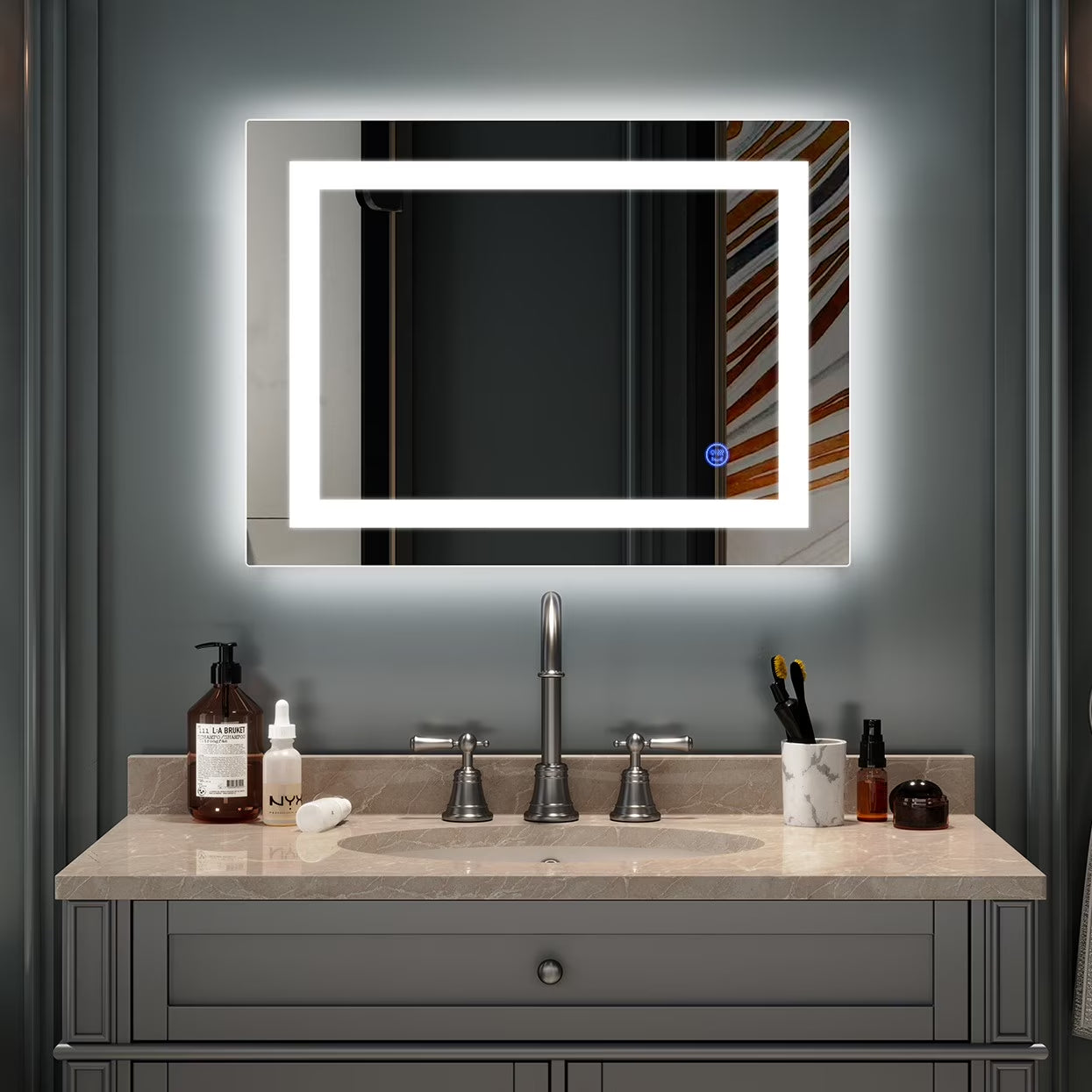 28X20 Inch LED Lighted Bathroom Mirror Silvered Wall Mounted Mirror with Touch Button,Anti Fog and IP67 Waterproof Square Mirror