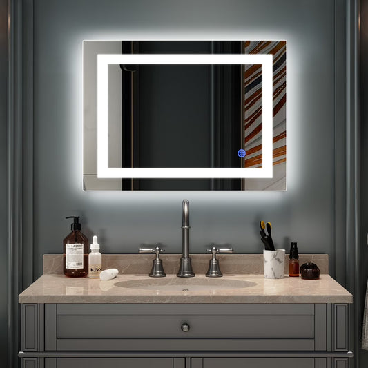 28X20 Inch LED Lighted Bathroom Mirror Silvered Wall Mounted Mirror with Touch Button,Anti Fog and IP67 Waterproof Square Mirror
