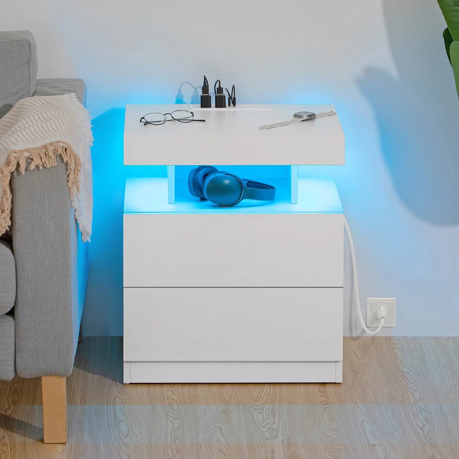 LED Nightstand with Wireless Charging Station Modern Nightstand Type C USB Port 2 Drawers Bedside Table White Smart Night Table High Gloss End Side Table for Bedroom Furniture 22.3" Tall
