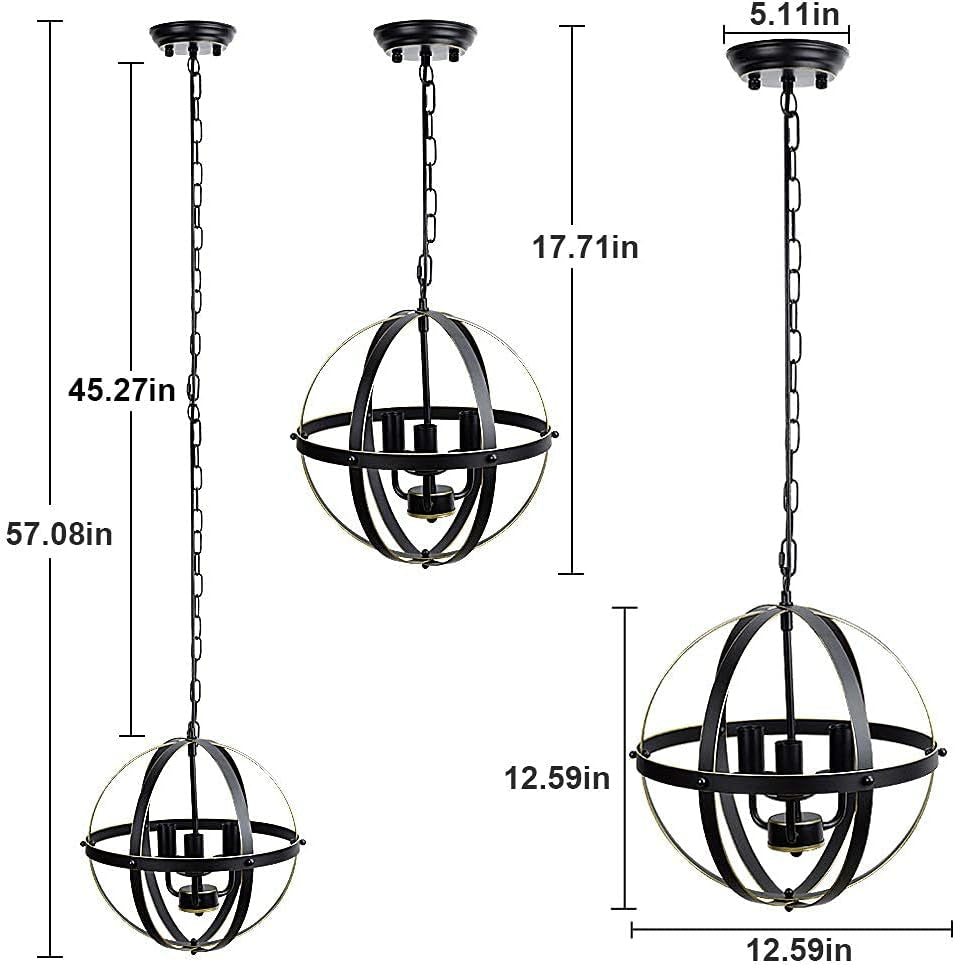 DLLT Chandelier Farmhouse Hanging Lighting, 3 Lights Globe Ceiling Light Fixture, Metal Swag Pendant Lighting for Kitchen, Dining Room, Living Room, Hallway, Bedroom, Entryway, E12 Base Gold