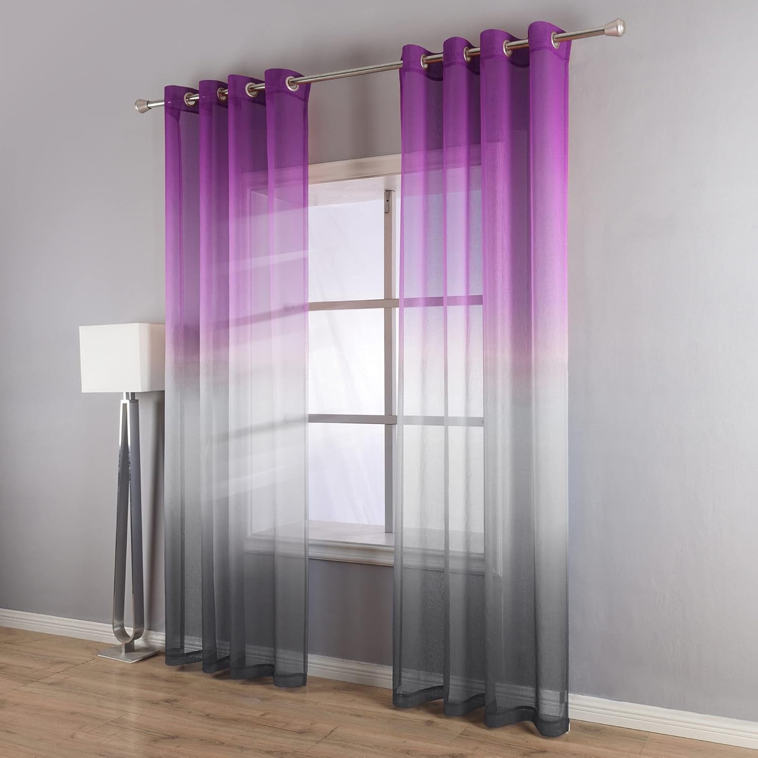 Purple and Grey Curtain Panels 84 Inches Long for Bedroom Set of 2 Sheer Ombre Light Dark Purple Room Decor for Living Room Gray