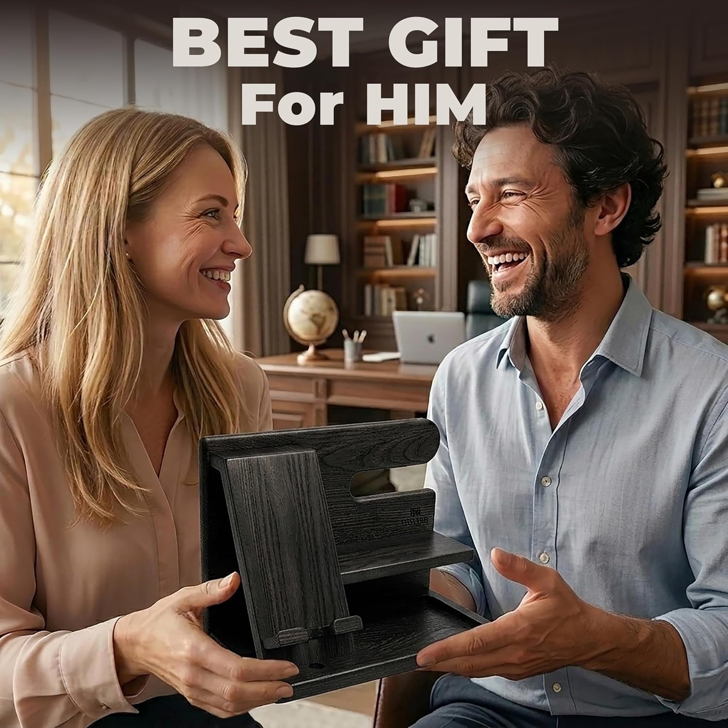 Wood Phone Docking Station for Men - Desktop or Nightstand Organizer - Birthday Gifts for Men, Dad - Anniversary Idea from Wife - Key Holder, Stand Wallet, Watch & Essentials (Granite Black)