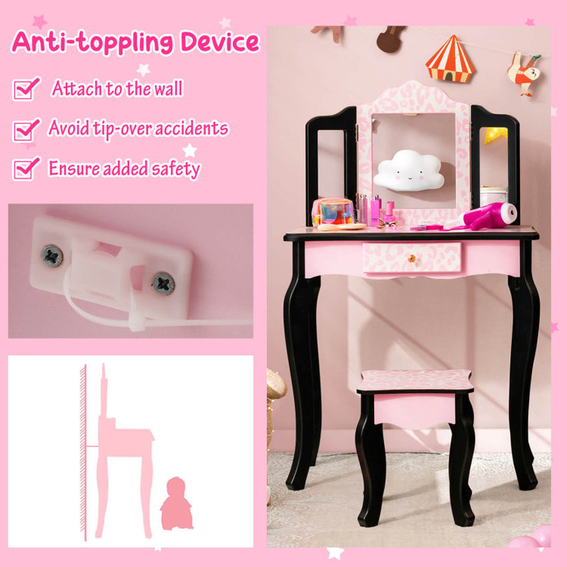 Kid Vanity Set with Tri-Folding Mirror and Leopard Print
