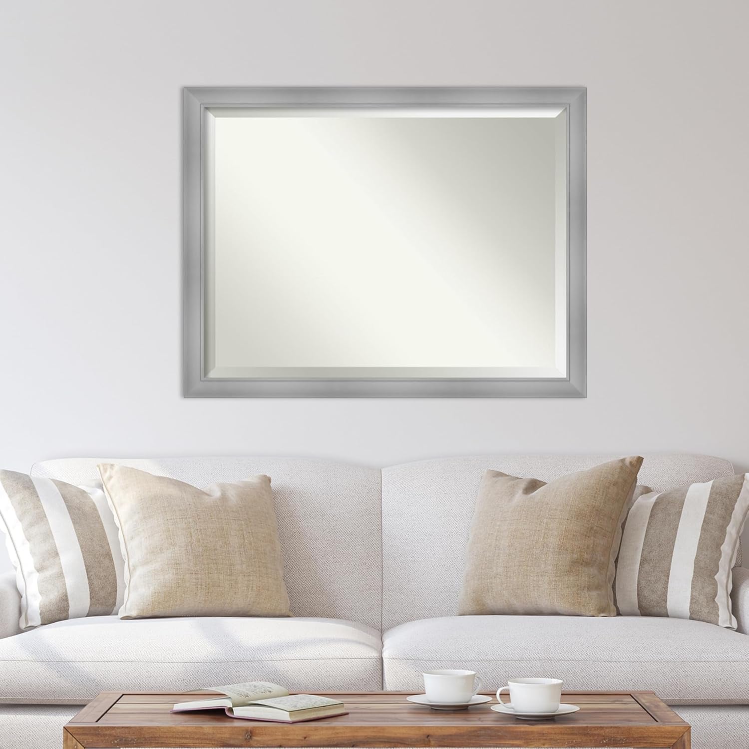 Silver Wall Mirror 34X44 Flair Polished Nickel Rectangle Bathroom Mirror for Wall Decor Living Room, X-Large Casual Frame, Hangs Horizonally and Vertically, Bathroom Decor, Beveled Edge