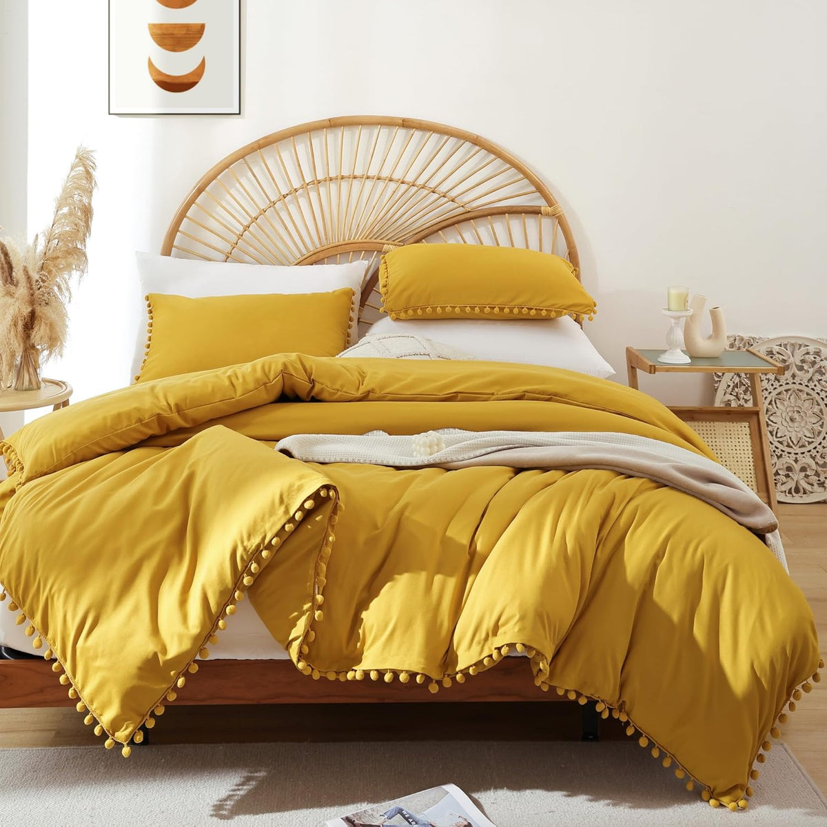 Queen Comforter Set, Mustard Yellow Ball Pom Fringe Bedding 3 Pcs